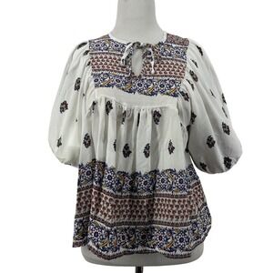 Ces Femme Boho Peasant Blouse Women Multicolor Floral Print Tie Neck Puff Sleeve